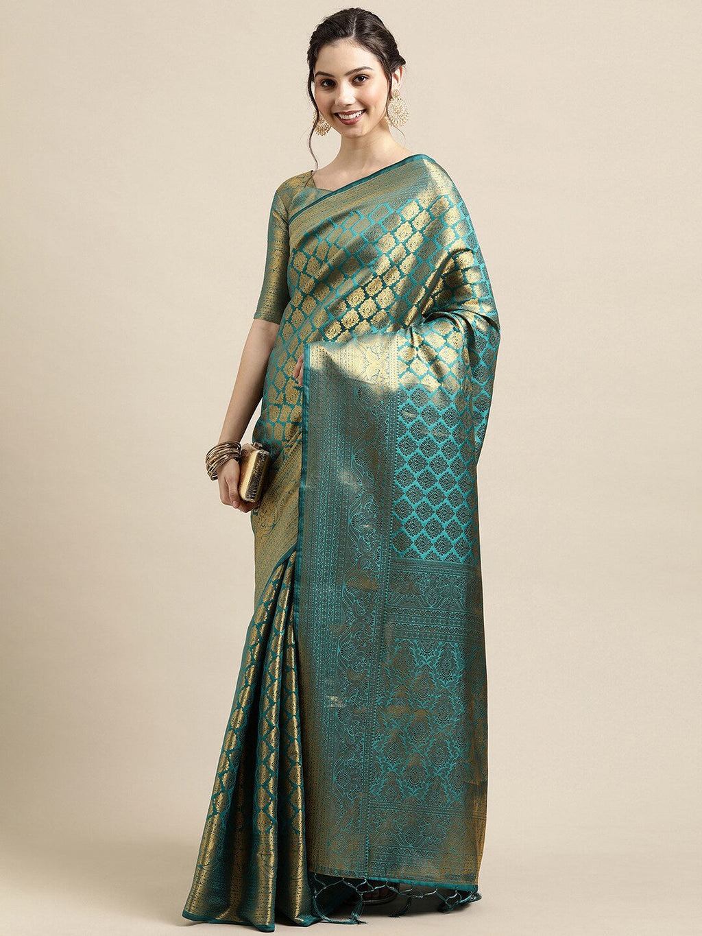 Saree Mall Blue & Gold-Toned Woven Design Zari Silk Blend Banarasi Saree