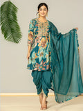 Yufta Cotton Teal Blue Zari_Work Kurta Dhoti Dupatta Set
