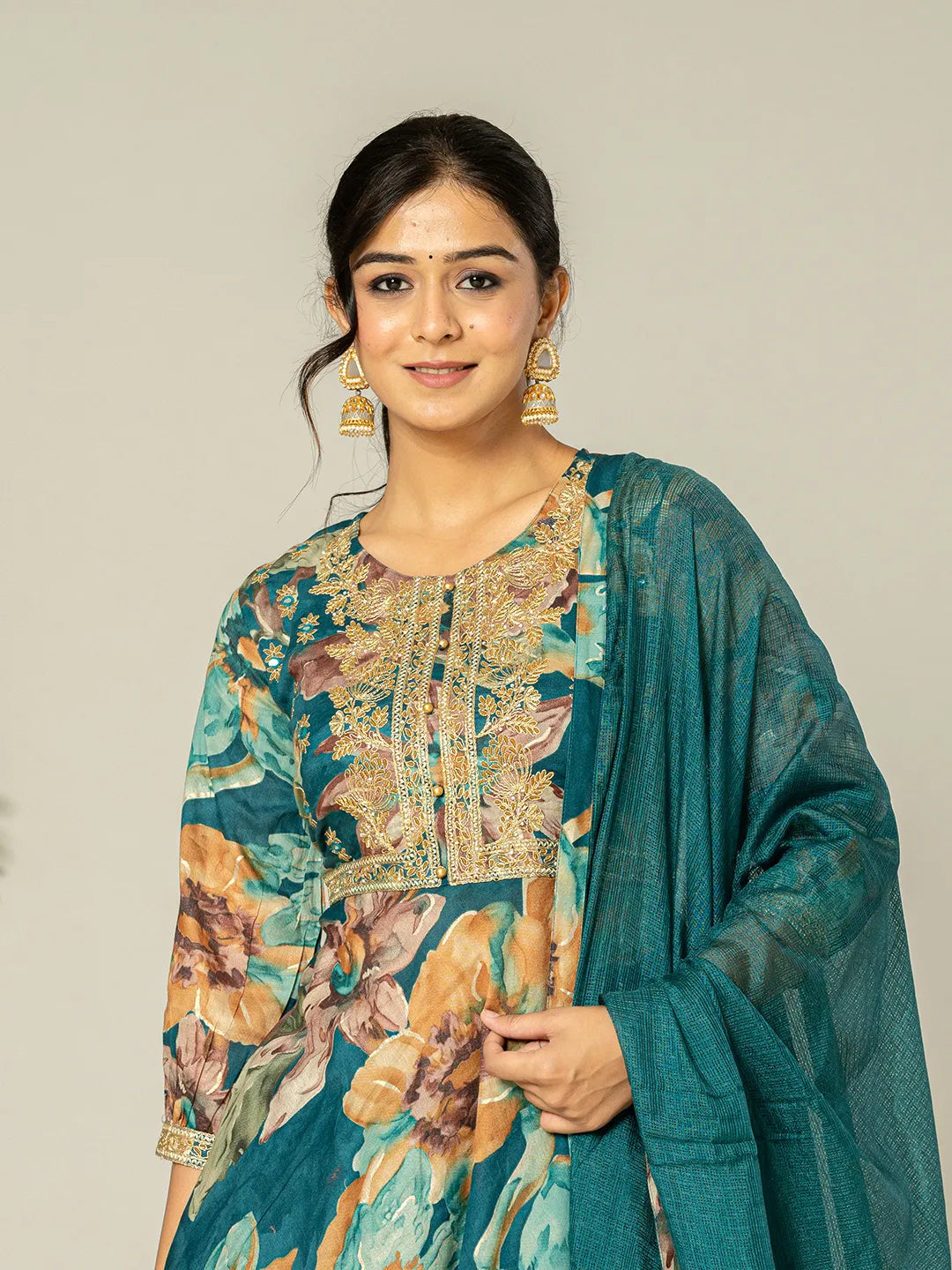 Yufta Cotton Teal Blue Zari_Work Kurta Dhoti Dupatta Set