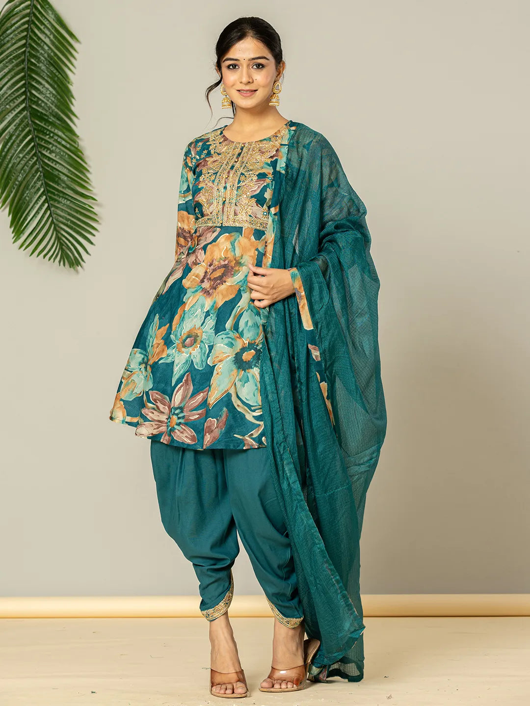 Yufta Cotton Teal Blue Zari_Work Kurta Dhoti Dupatta Set