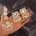 Tehzeeb Creations White Gold Square Shape Earrings With Tikka
