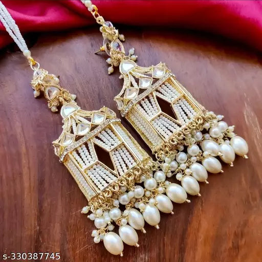 Tehzeeb Creations Stylish White Pearls Doli-Palki Kundan Earrings With Ear Chain With Tikka