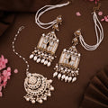 Tehzeeb Creations Stylish White Pearls Doli-Palki Kundan Earrings With Ear Chain With Tikka