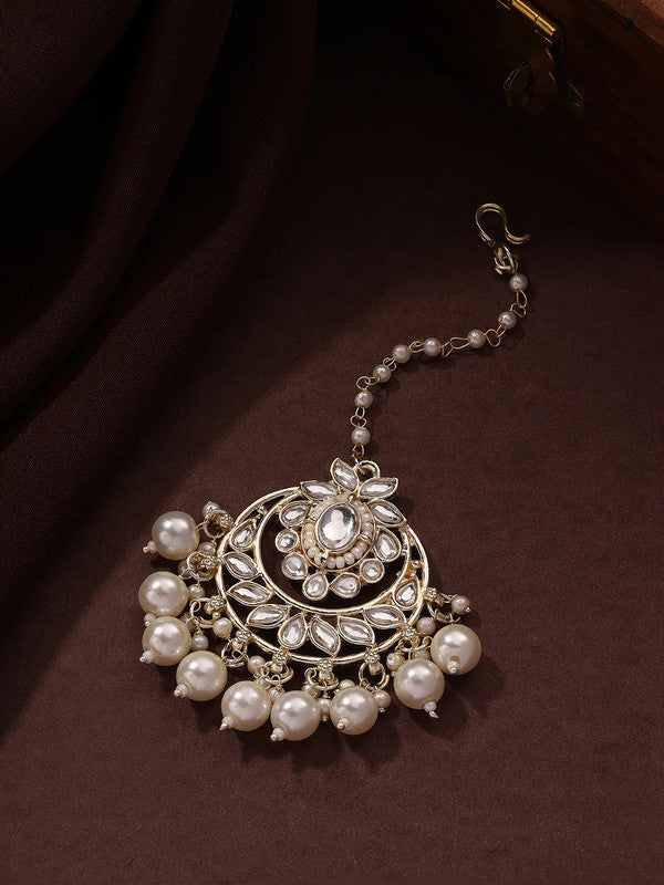 Tehzeeb Creations Stylish White Pearls Doli-Palki Kundan Earrings With Ear Chain With Tikka
