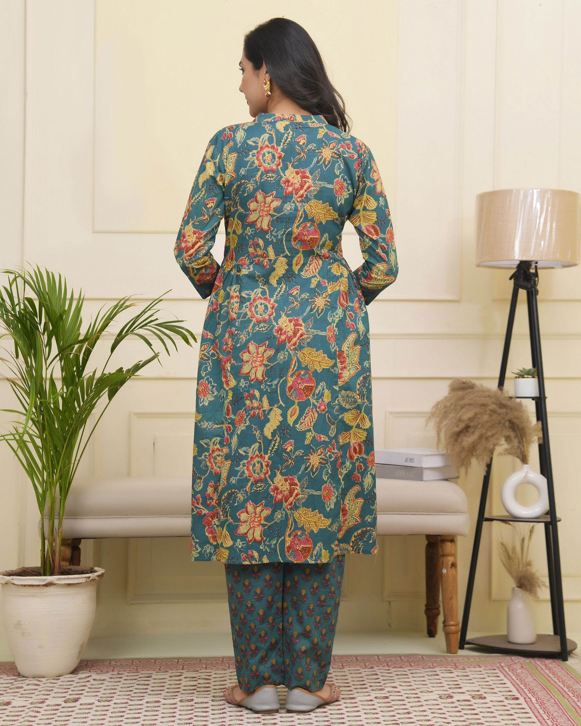 Vaasva Women Dark Sea Cotton Gathered Kurta With Cotton Pant & Dupatta