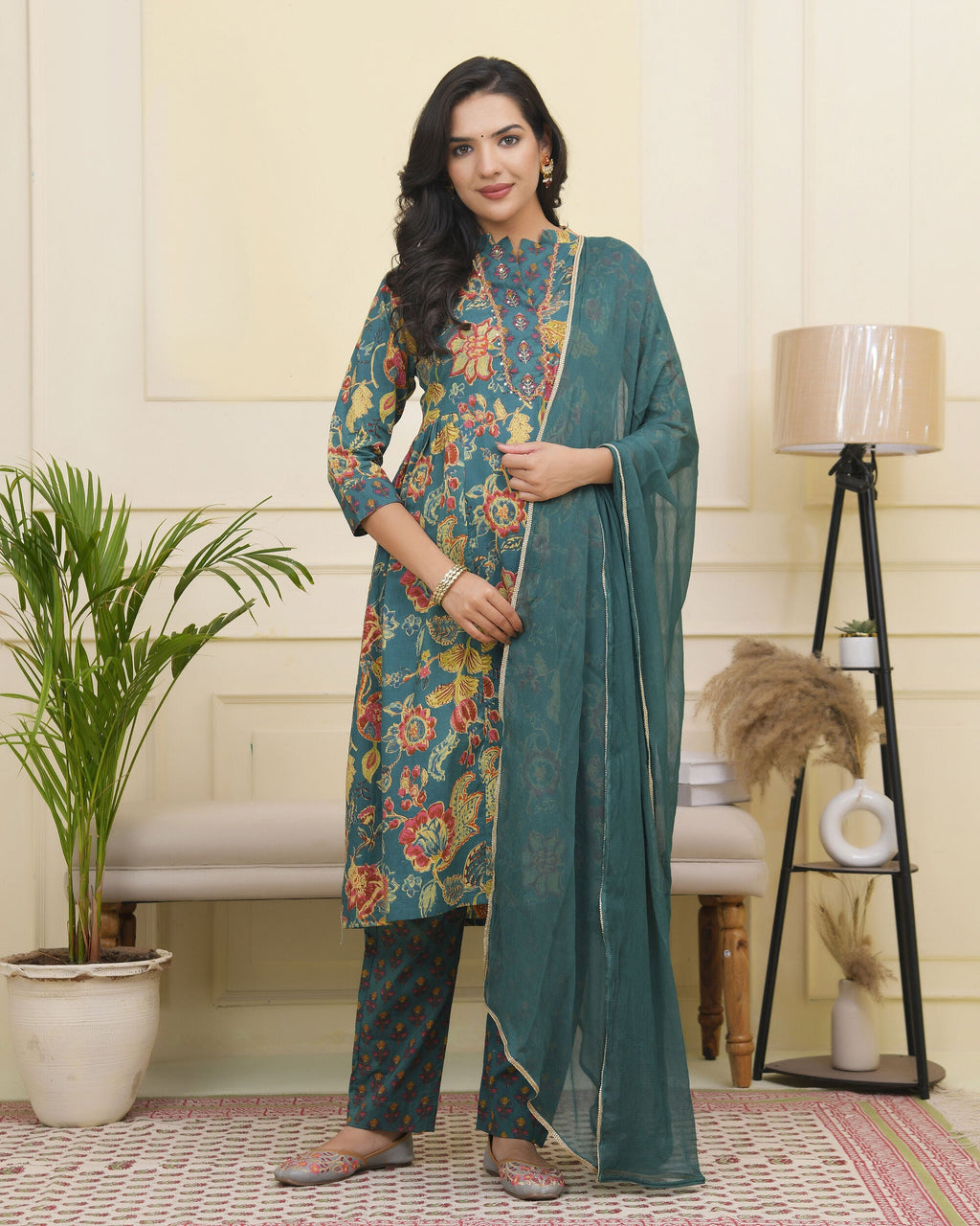Vaasva Women Dark Sea Cotton Gathered Kurta With Cotton Pant & Dupatta