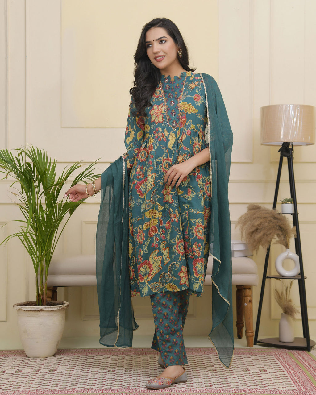 Vaasva Women Dark Sea Cotton Gathered Kurta With Cotton Pant & Dupatta