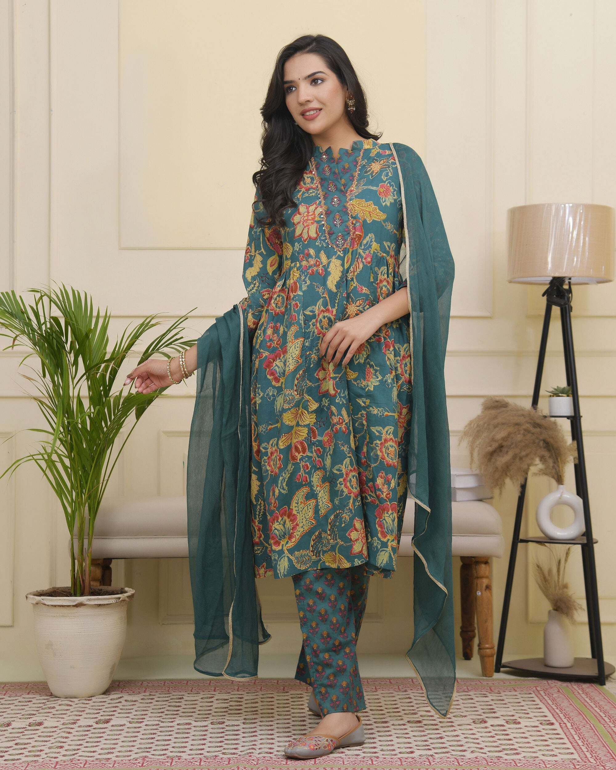 Vaasva Women Dark Sea Cotton Gathered Kurta With Cotton Pant & Dupatta