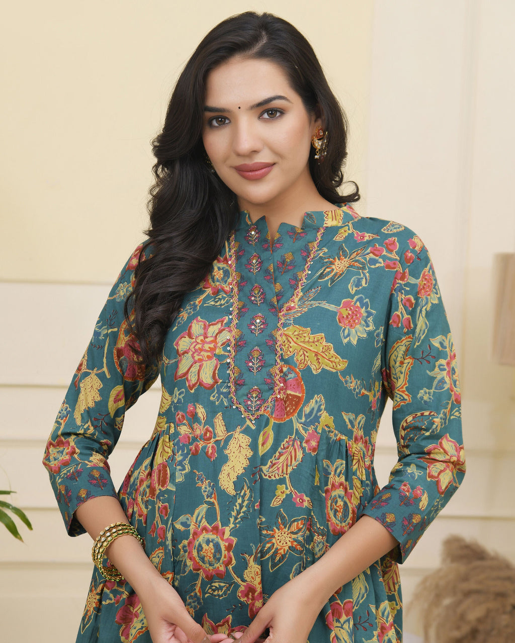 Vaasva Women Dark Sea Cotton Gathered Kurta With Cotton Pant & Dupatta