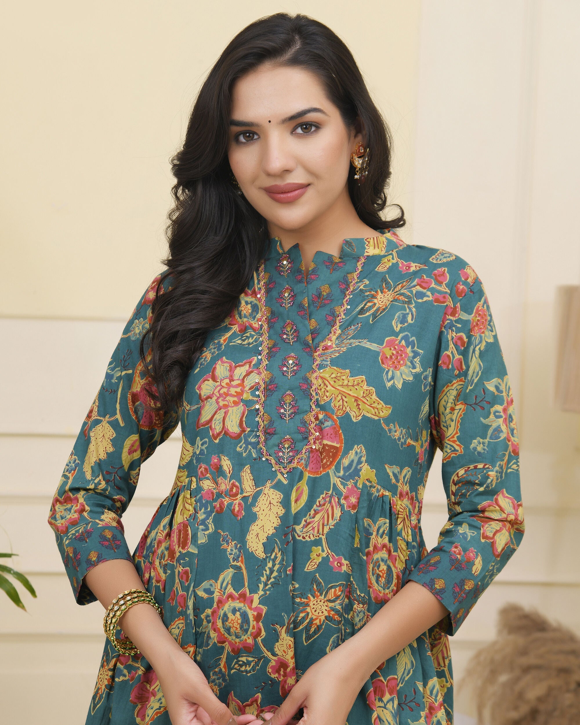 Vaasva Women Dark Sea Cotton Gathered Kurta With Cotton Pant & Dupatta