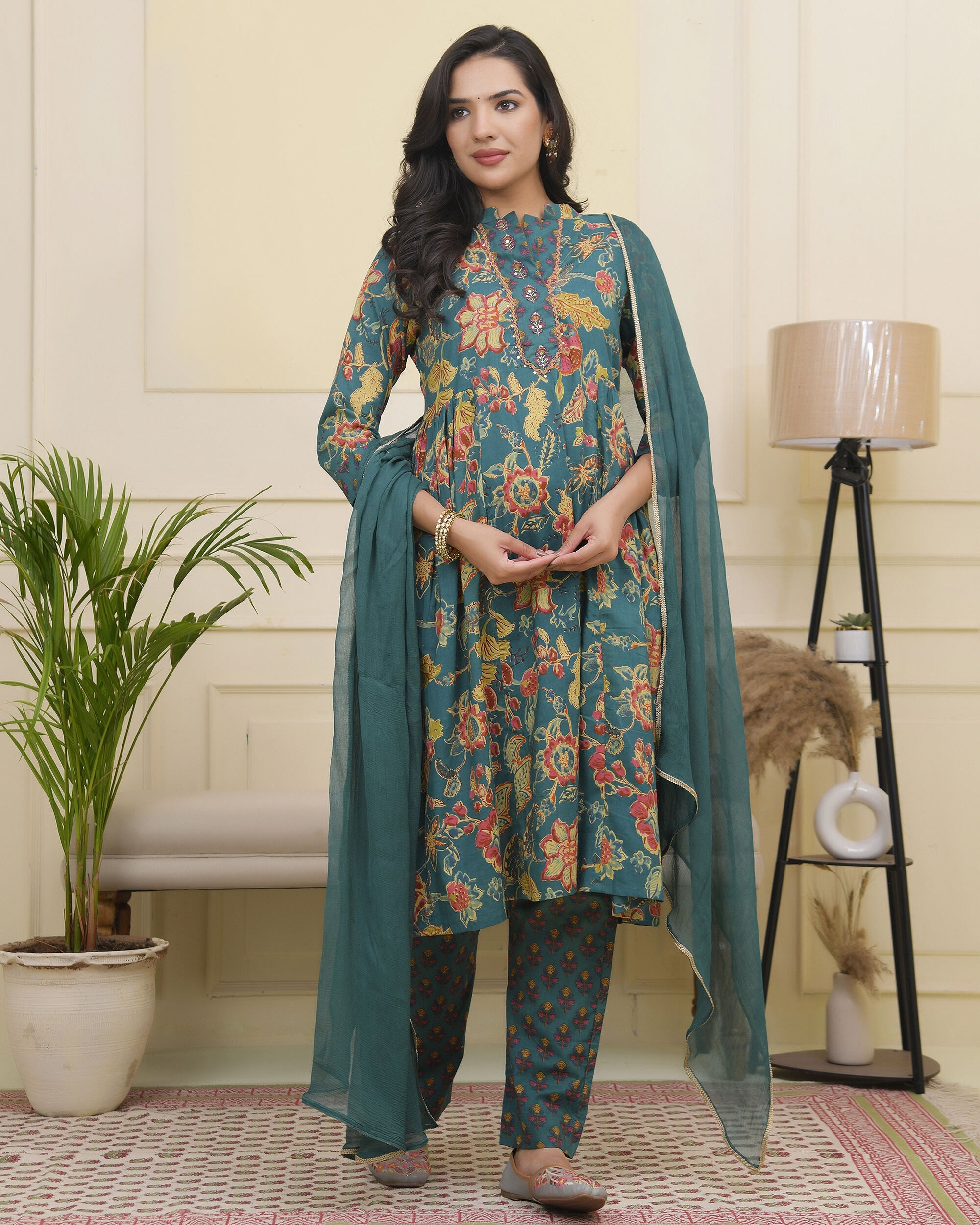 Vaasva Women Dark Sea Cotton Gathered Kurta With Cotton Pant & Dupatta
