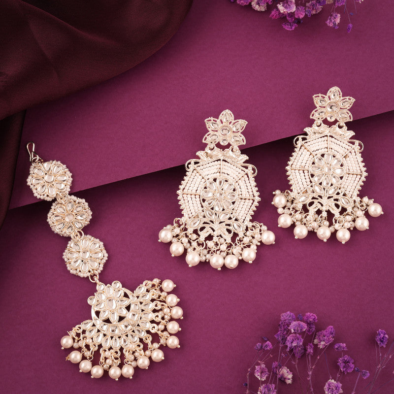 Tehzeeb Creations Fashionable Gold Earrings And Tikka Studded With Kundan And Pearl