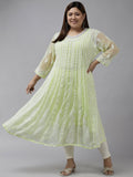 ADA Women Lime Green & White Ethnic Motifs Plus Size Chikankari Georgette Anarkali Kurta