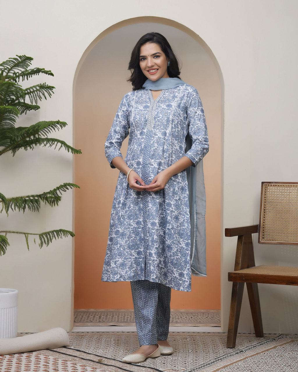 Vaasva Women Grey Panel Kurta With Cotton Pant & Dupatta