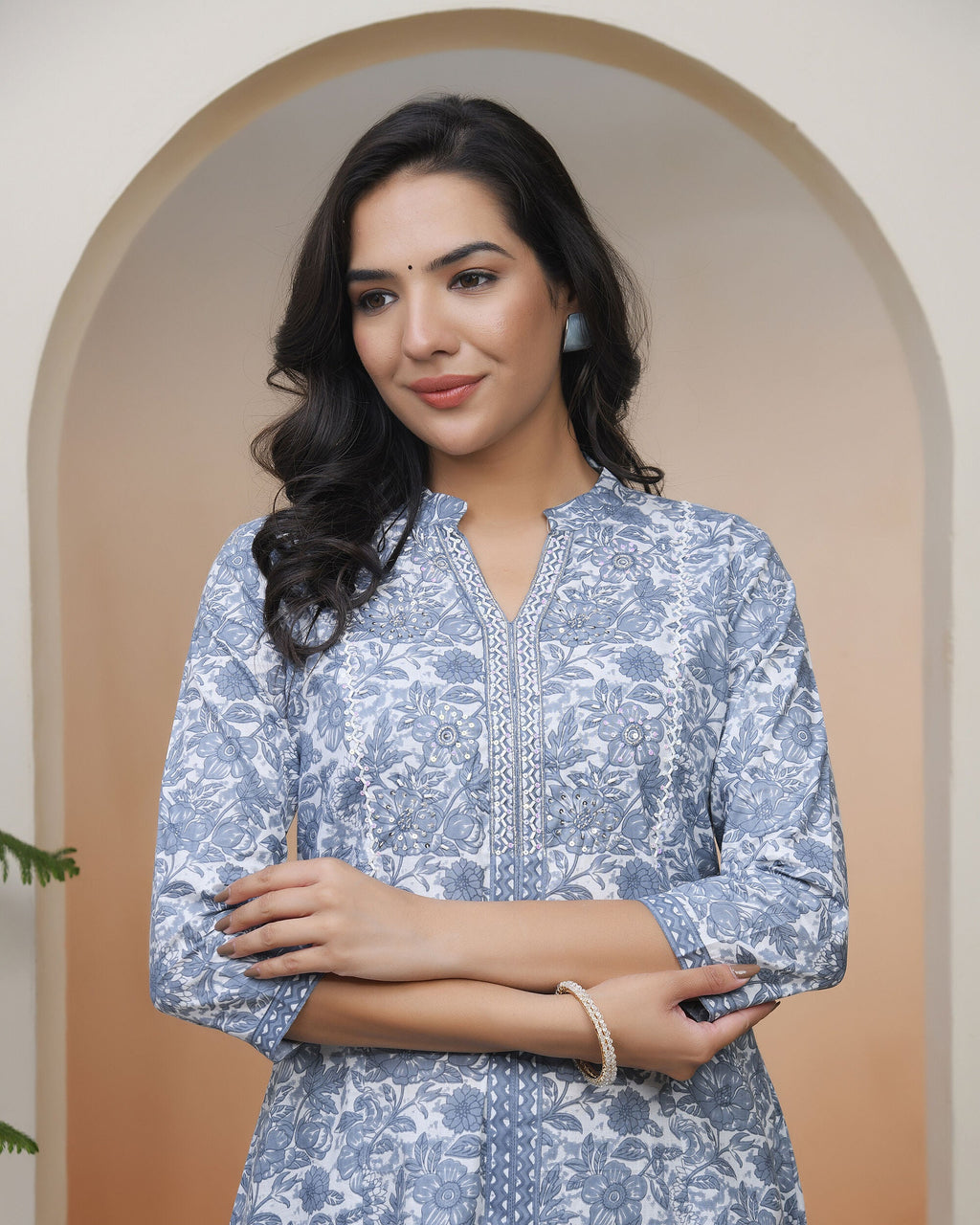 Vaasva Women Grey Panel Kurta With Cotton Pant & Dupatta