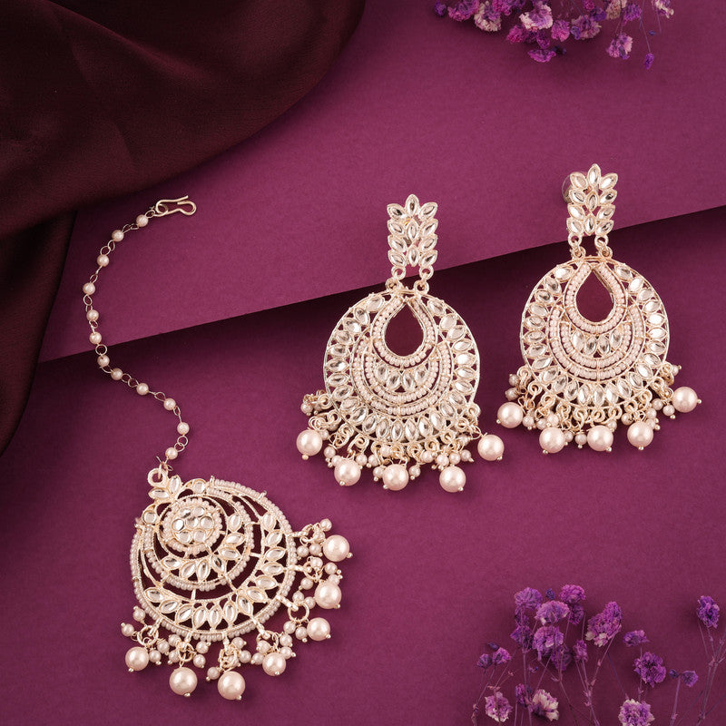 Tehzeeb Creations Pack of 1 Gold Drop & Danglers Earring With Tikka For Women & Girls Diamond, Pearl Brass Drops & Danglers