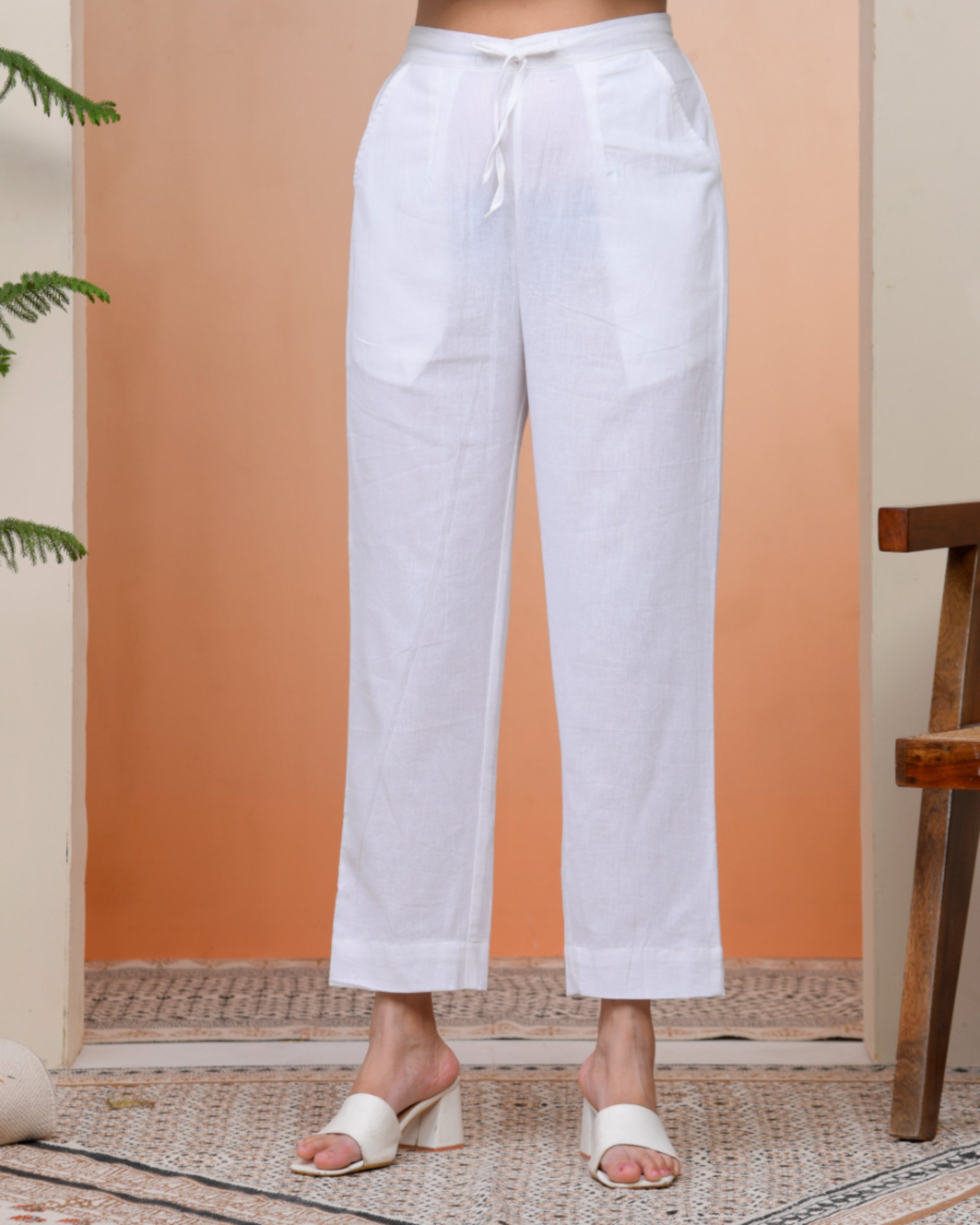 Vaasva Women Whitel Cotton Flax Solid Straight Pants