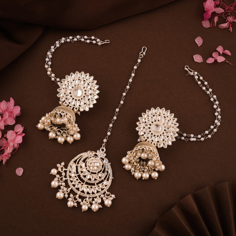 Tehzeeb Creations Pack of 1 Gold Drop & Danglers Earring With Tikka For Women & Girls Diamond, Pearl Brass Drops & Danglers