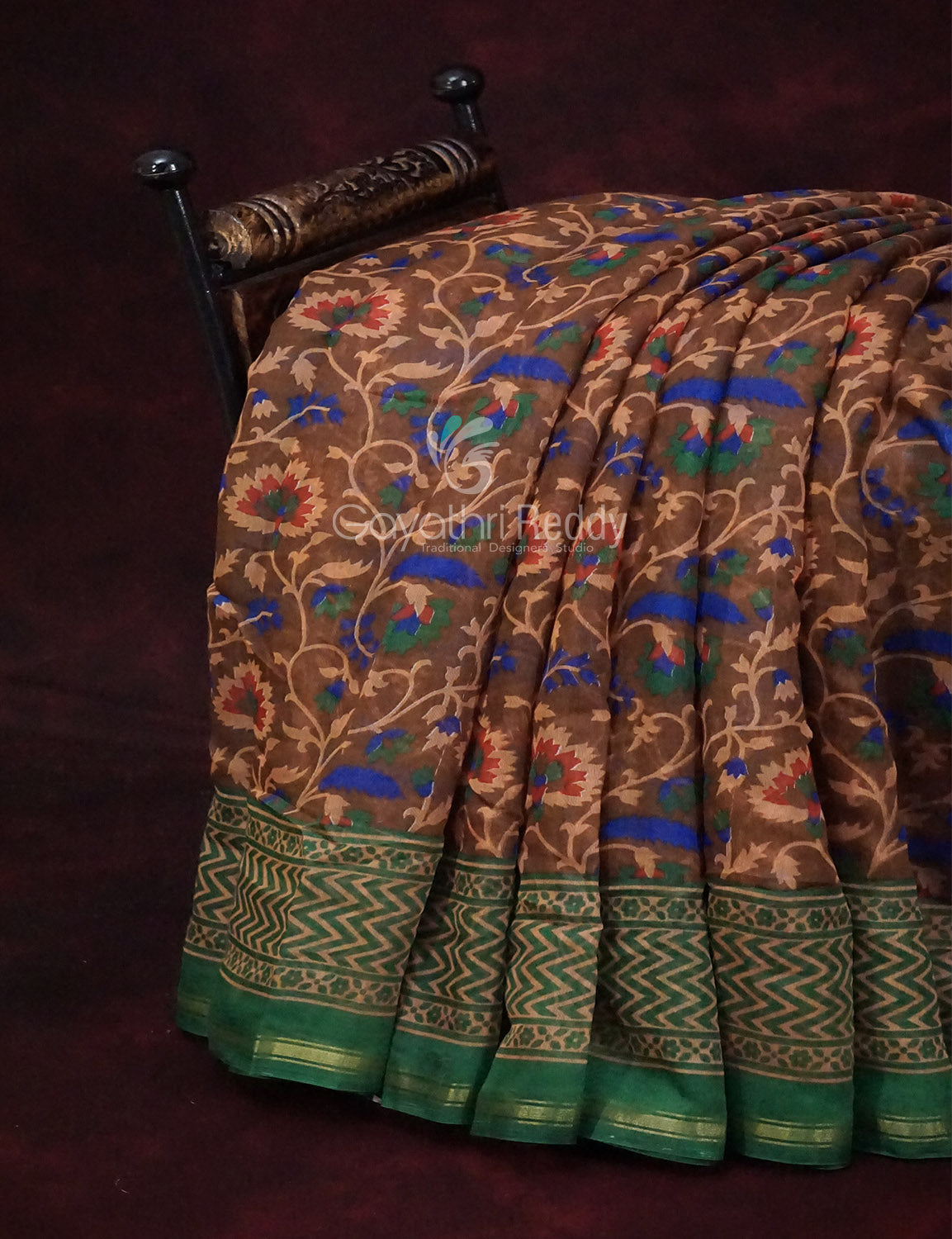 Shades of Dark Mehndi With Leaf Green Blouse Creeper Design Semi Chanderi Saree By Gayathri Reddy Designer Studio