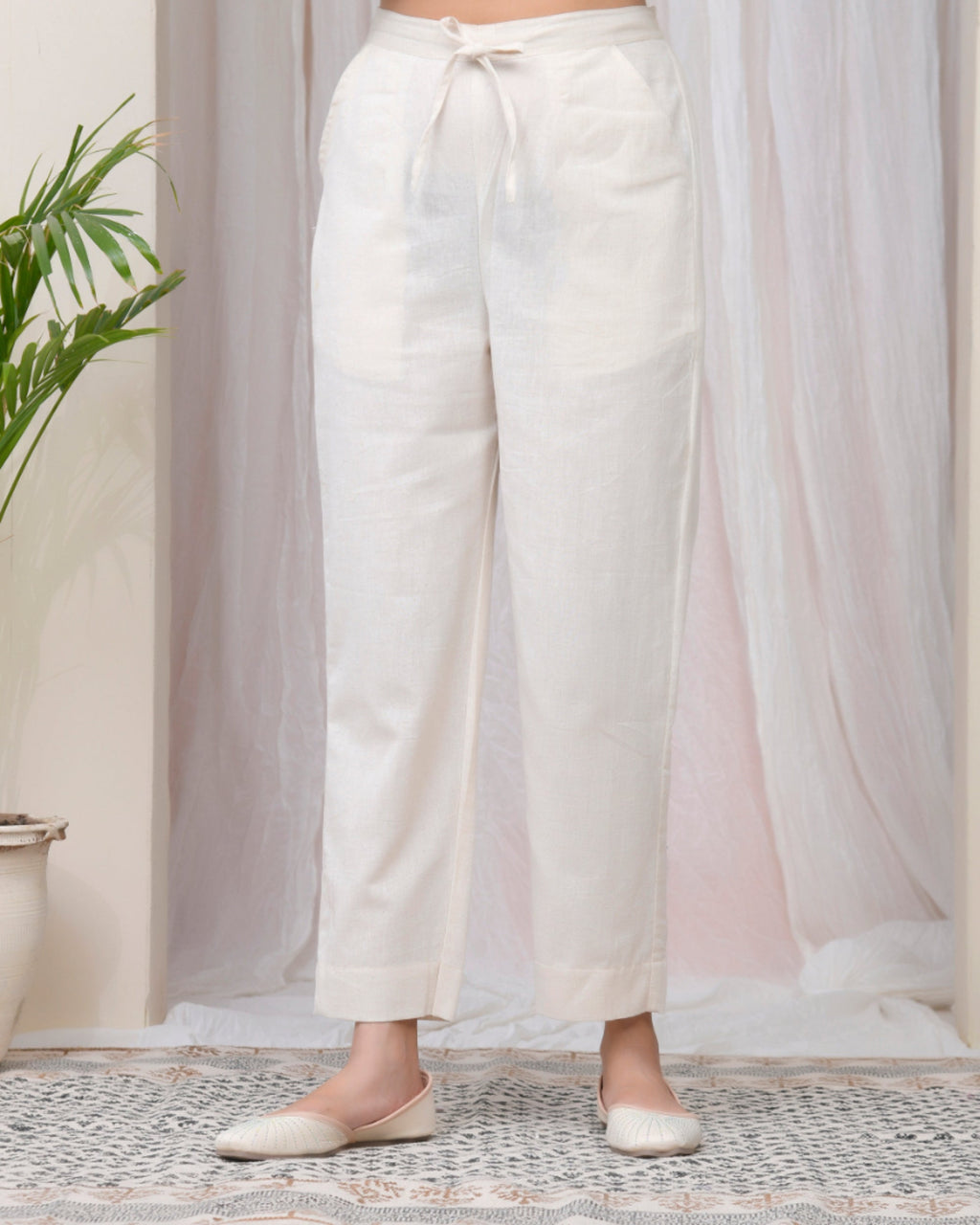 Vaasva Women Natural Cotton Flax Solid Straight Pants