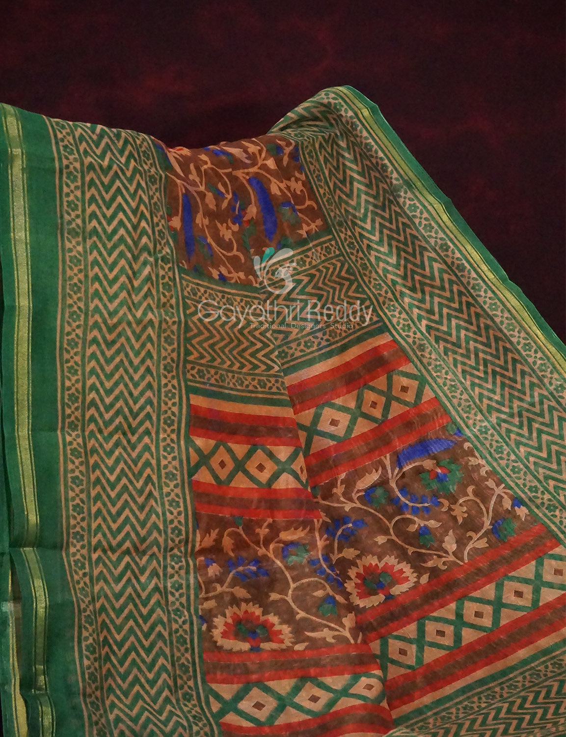 Shades of Dark Mehndi With Leaf Green Blouse Creeper Design Semi Chanderi Saree By Gayathri Reddy Designer Studio