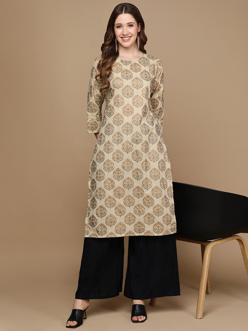 HERE&NOW Beige & Brown Ethnic Motifs Embroidered Pure Cotton Straight Kurta