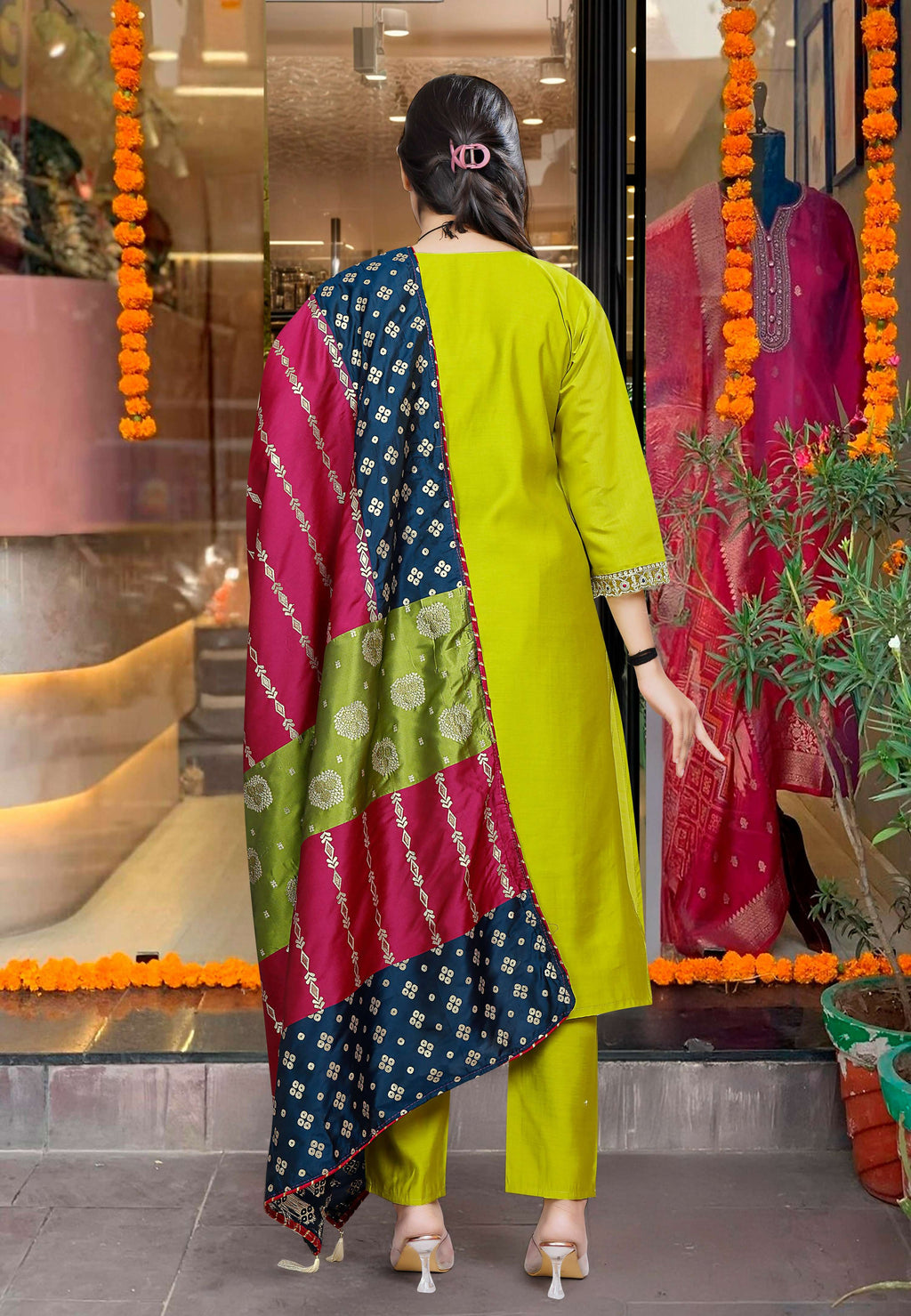 The52 Lemons Women's Gorgeous Embroidered Viscose Chanderi Fabric Straight Kurta Pant with Dupatta Set