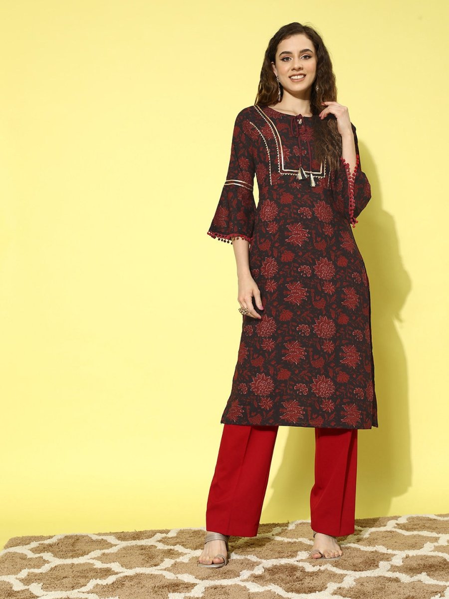 All About You Navy Blue Floral Printed Bell Sleeves Gotta Patti Pure Cotton Kurta