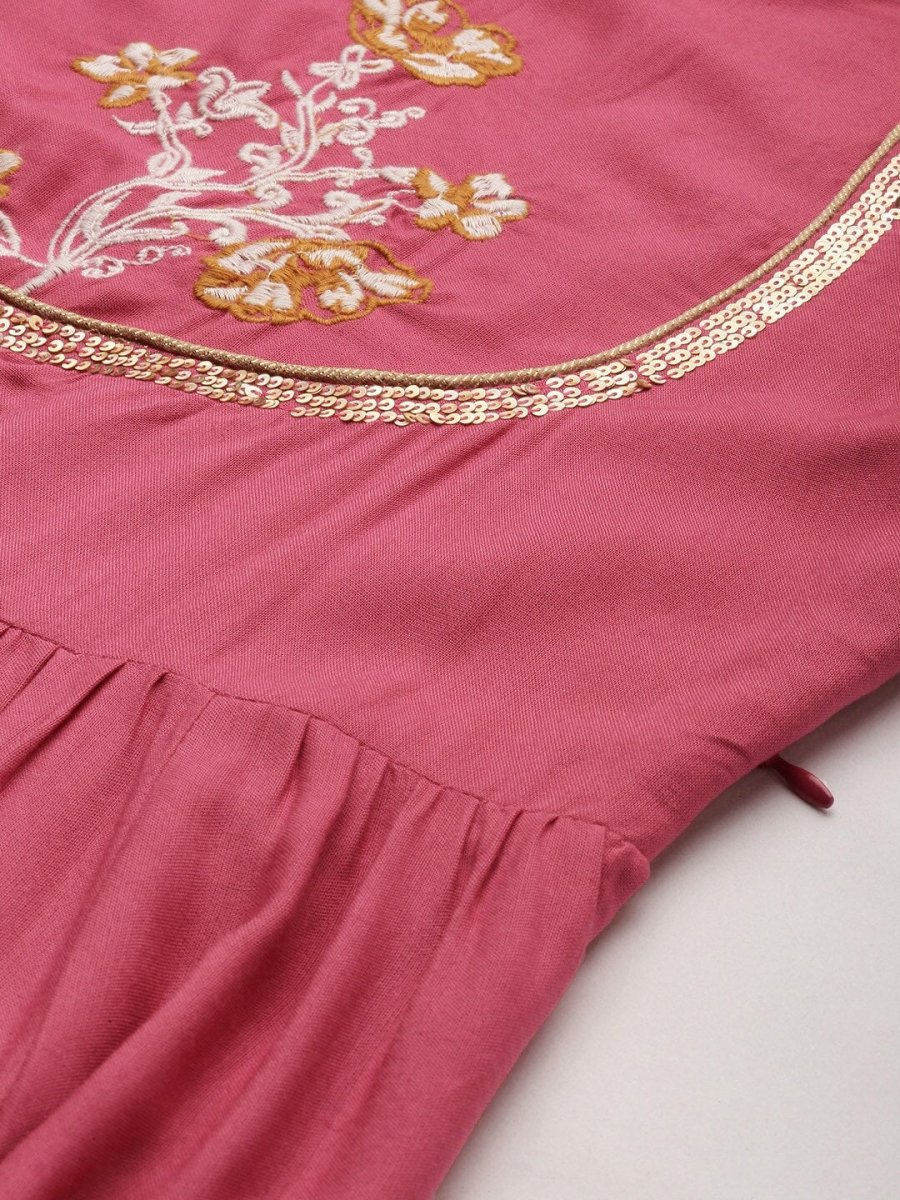 All About You Women Rust Pink Ethnic Motifs Yoke Design Thread Work Kurta with Dupatta