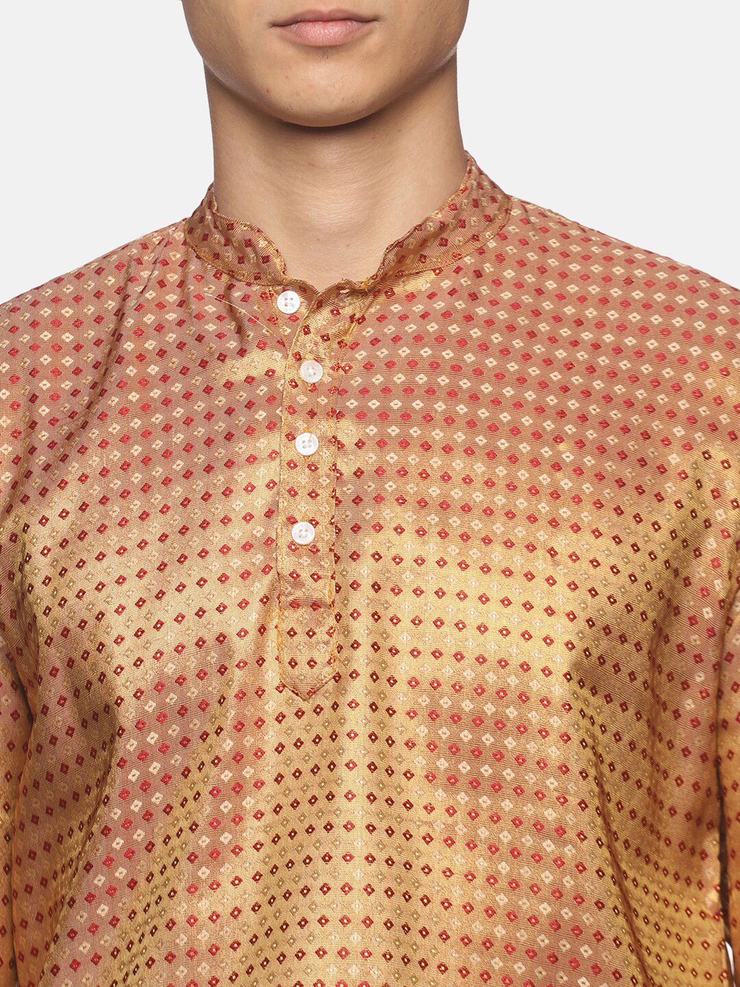 Sethukrishna Men Art Silk Golden & Red Kurta with Dhoti Pants