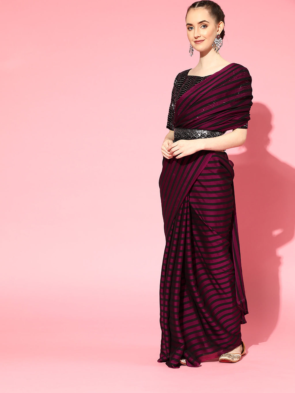 Saree Mall Burgundy Striped Poly Georgette Party Wear Saree with Matching Blouse