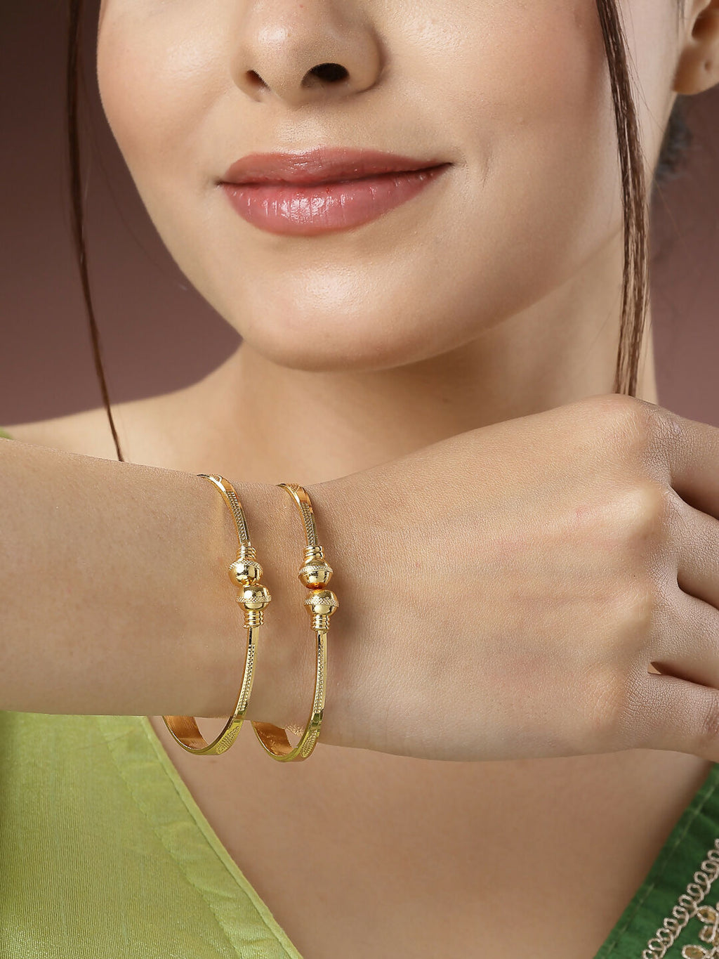 NVR Women's Set of 2 Gold-Polished Handcrafted Adjustable Bangles