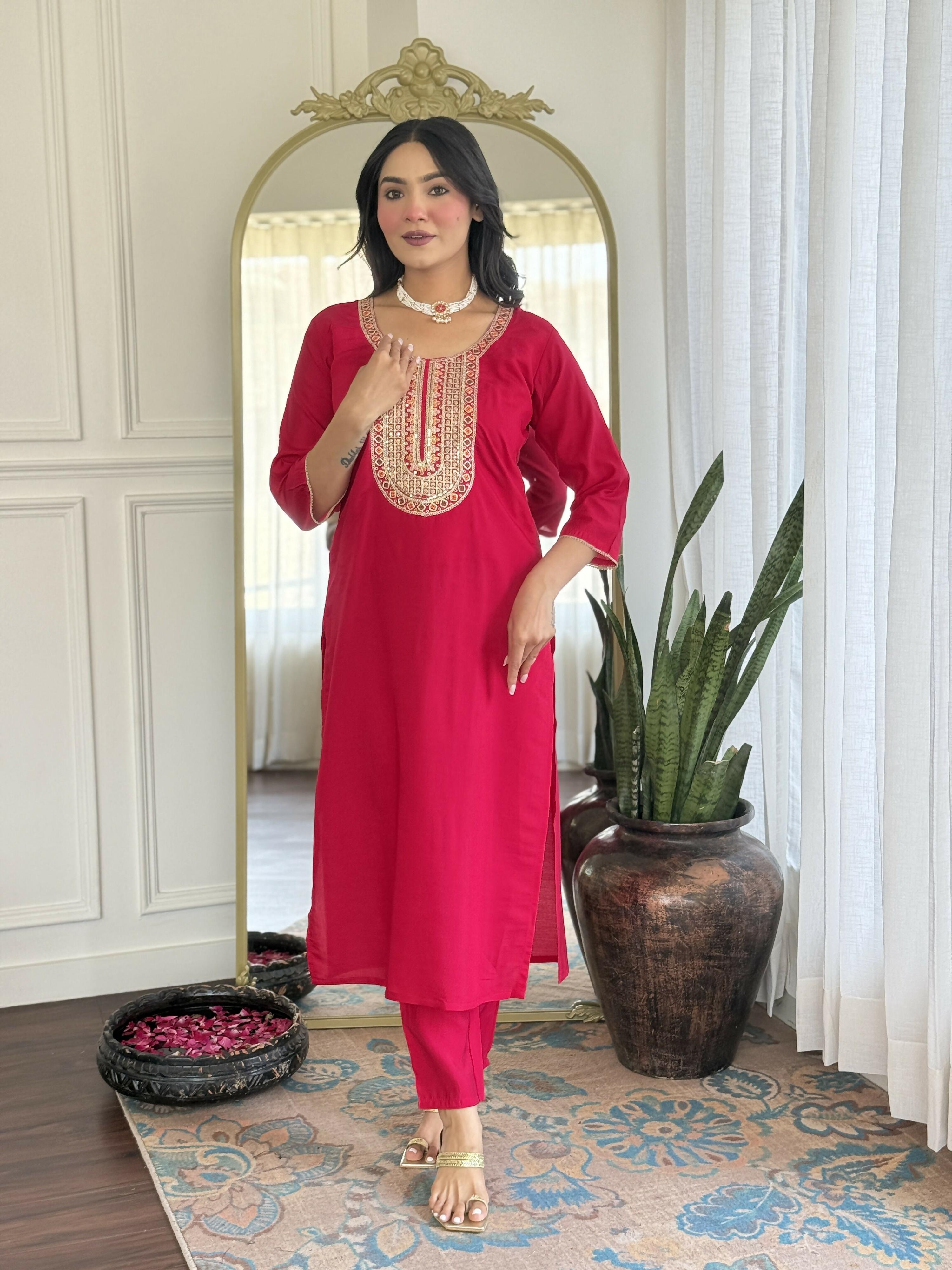 The52 Rani Gorgeous Embroidered Chanderi Silk Fabric Straight Kurta Pant with Dupatta Set