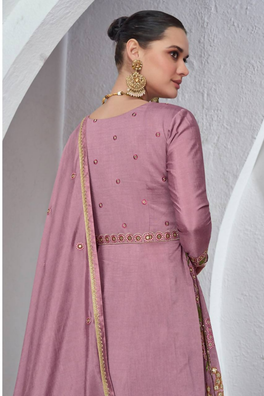 Lorenvalley Fashion Pink Viscose Silk Embroidery Work Gown Skirt Stitched