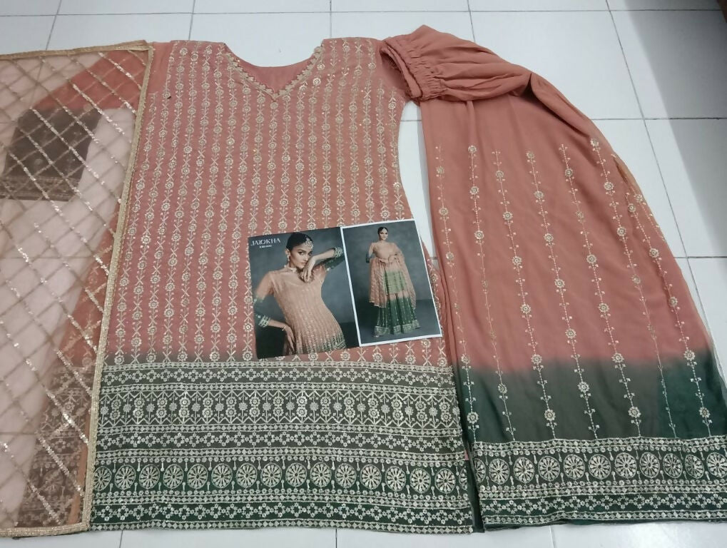 Vastranavya Peach Embroidered Sequins Pakistani Palazzo Suit Party Wear
