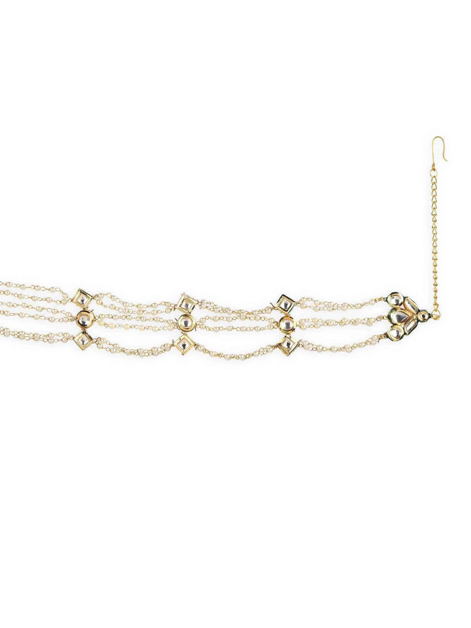 Gold-Polished White Kundan-Studded Pearl Head Chains - Ruby Raang