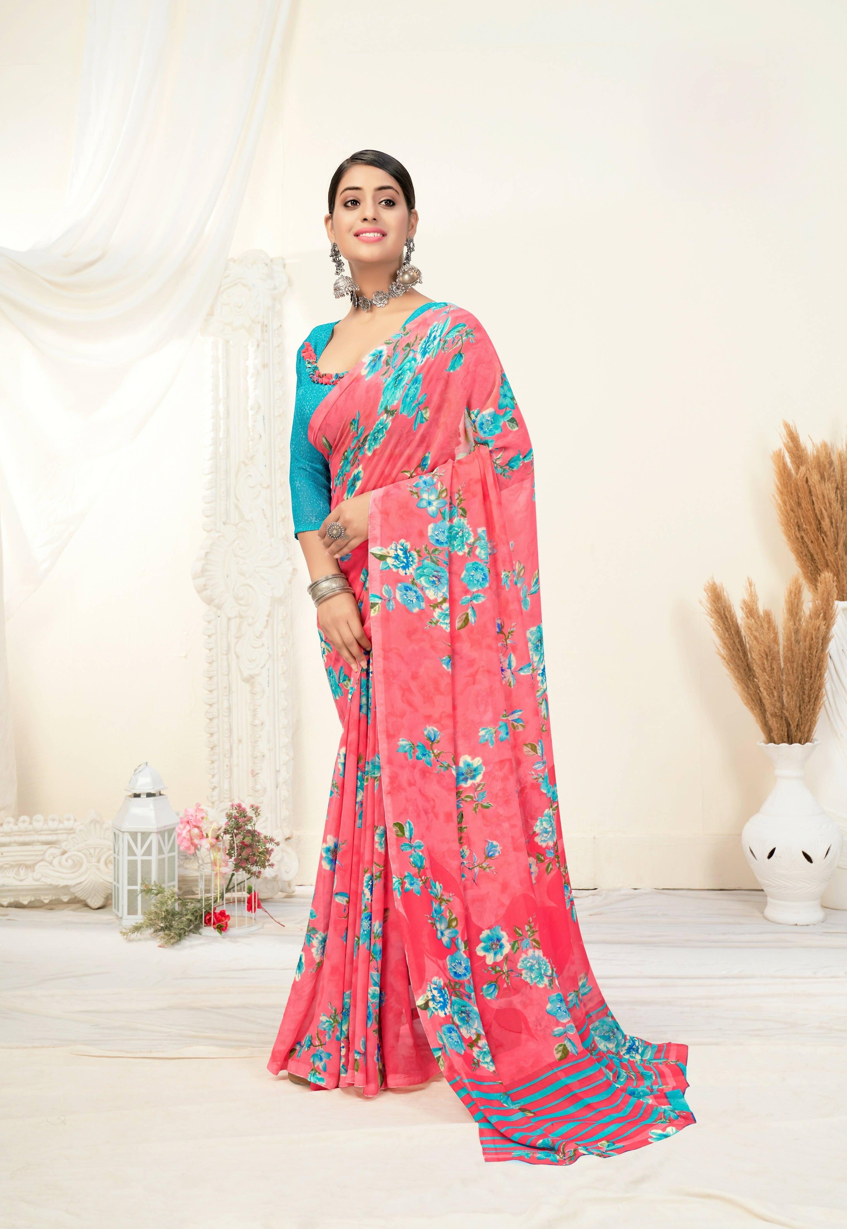 Light Pink Georgette Floral Printed Saree With Unstitched Blouse Piece - Jyoti