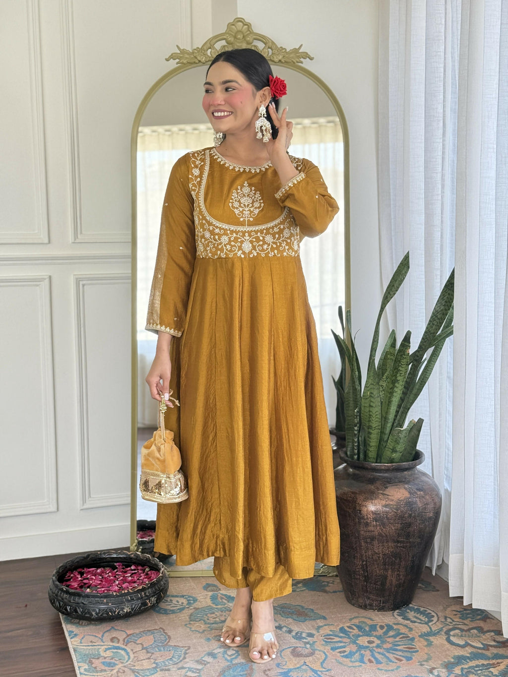 The52 Mustard Women's Gorgeous Embroidered Vichitra Silk Fabric Flared Kurta Pant with Dupatta Set