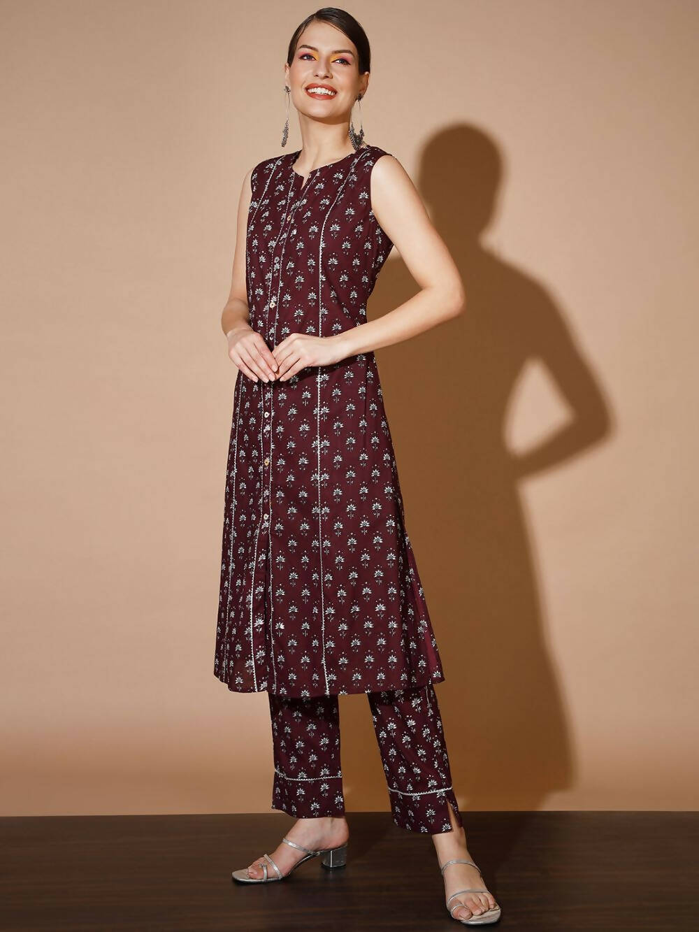 Myshka Women Rust Floral Kurta & Trousers