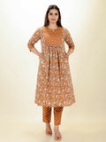 Aramya Orange Soft Cotton Floral Print Panelled Kurta Set for Women