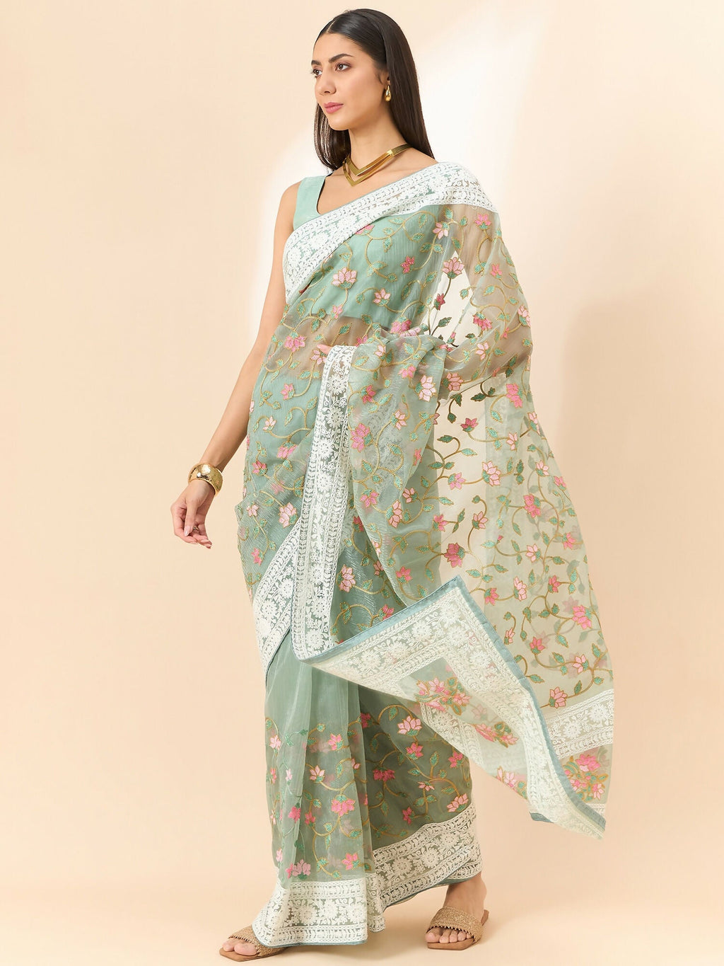 Green Organza Floral Embroidered Saree with Unstitched Blouse Piece - Roozal