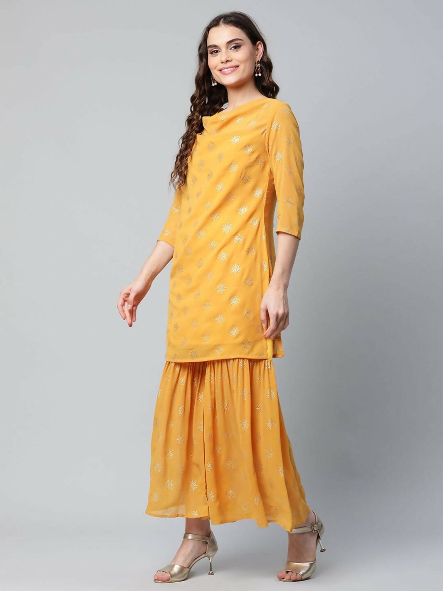 Ahalyaa Womens Mustard Georgette Gold Foil Printed Kurta Sharara Set With Dupatta