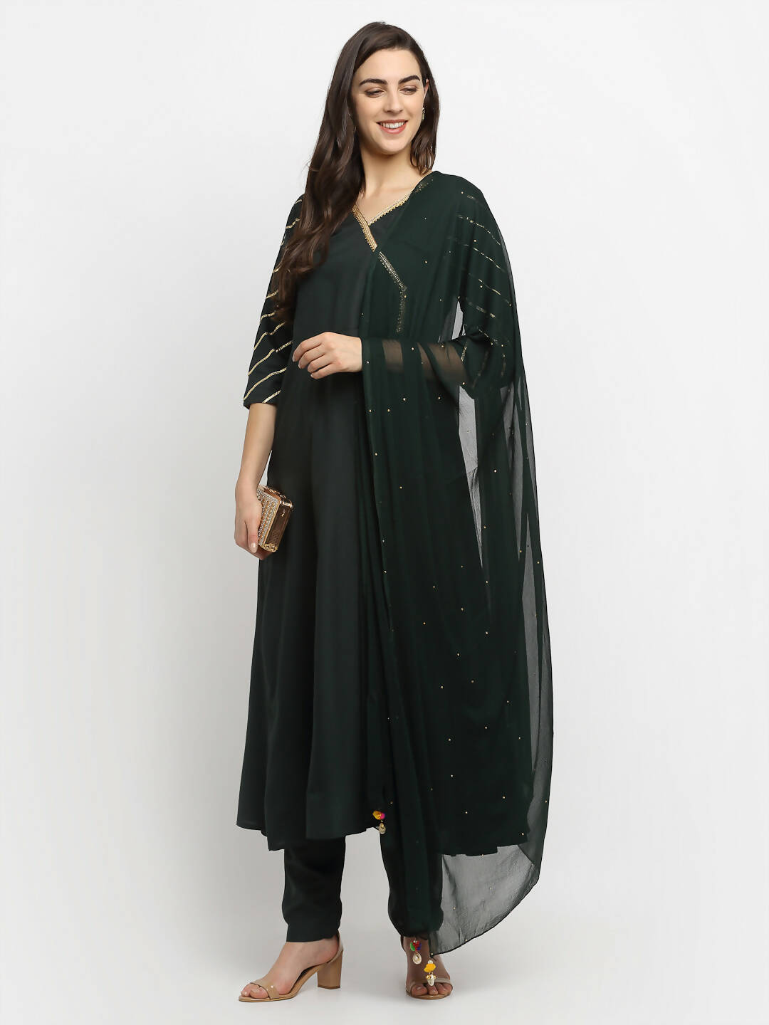 Rudra Bazaar Green Angrakha Style Flared Anarkali Kurta with Pyjamas & Dupatta