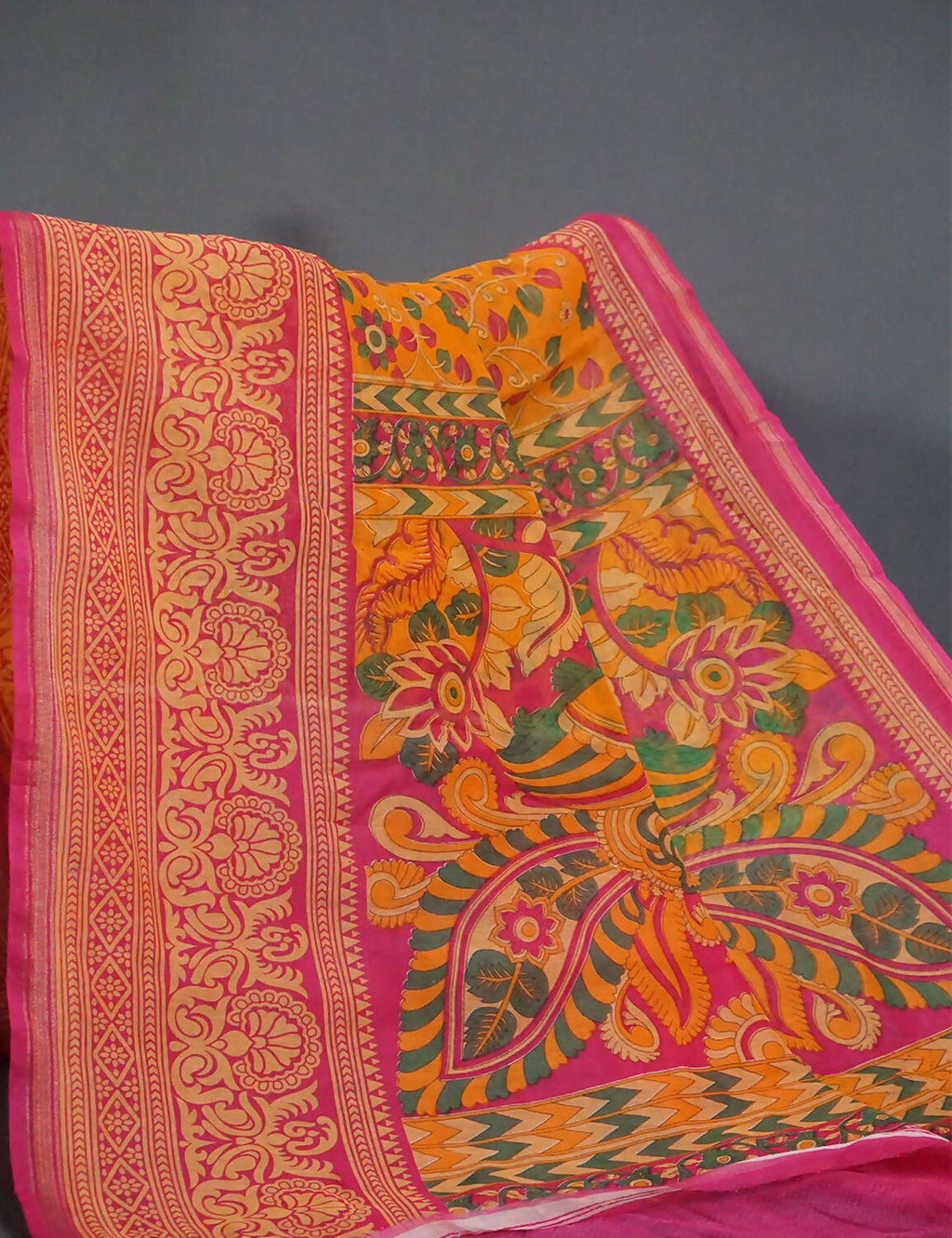 Shades Of Yellow Kalamkaari Design Semi Chanderi Saree With Contrast Blouse By Gayathri Reddy Designer Studio