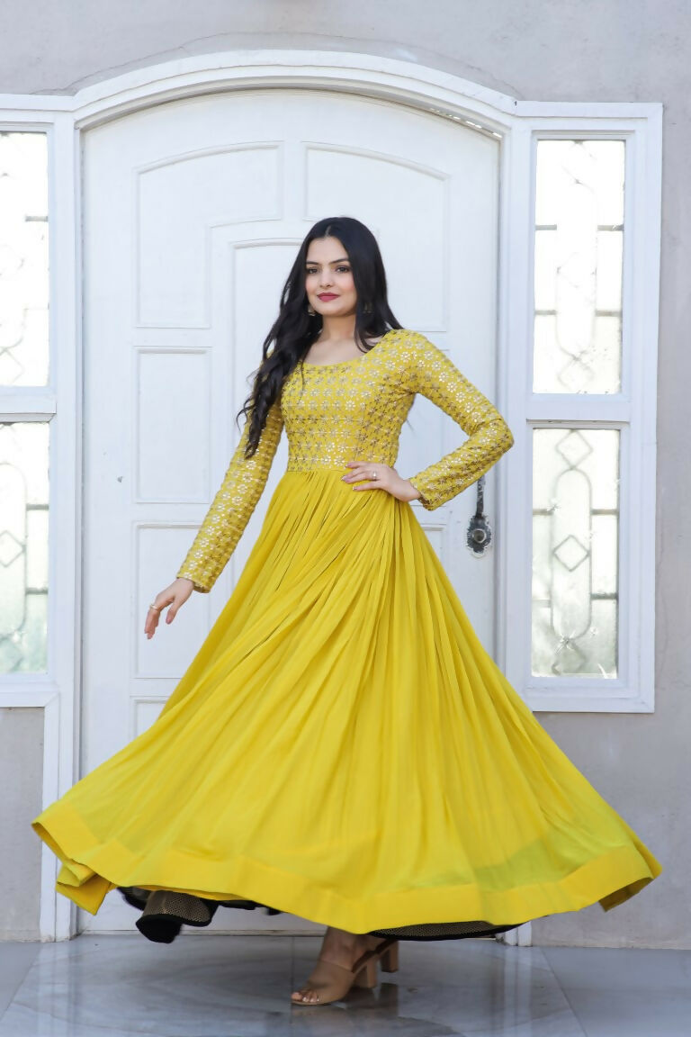 Jyoti Fashion Women's Yellow Sequence Zari Embroidered Faux Blooming Anarkali Dress