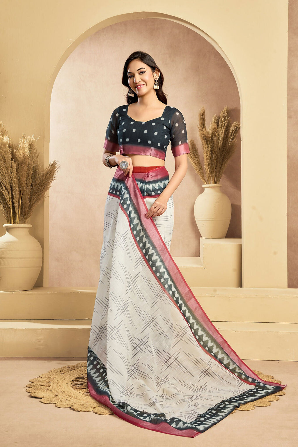 Vastranavya Digital Printed Linen Ready To Wear Pocket Saree with Unstitched Blouse