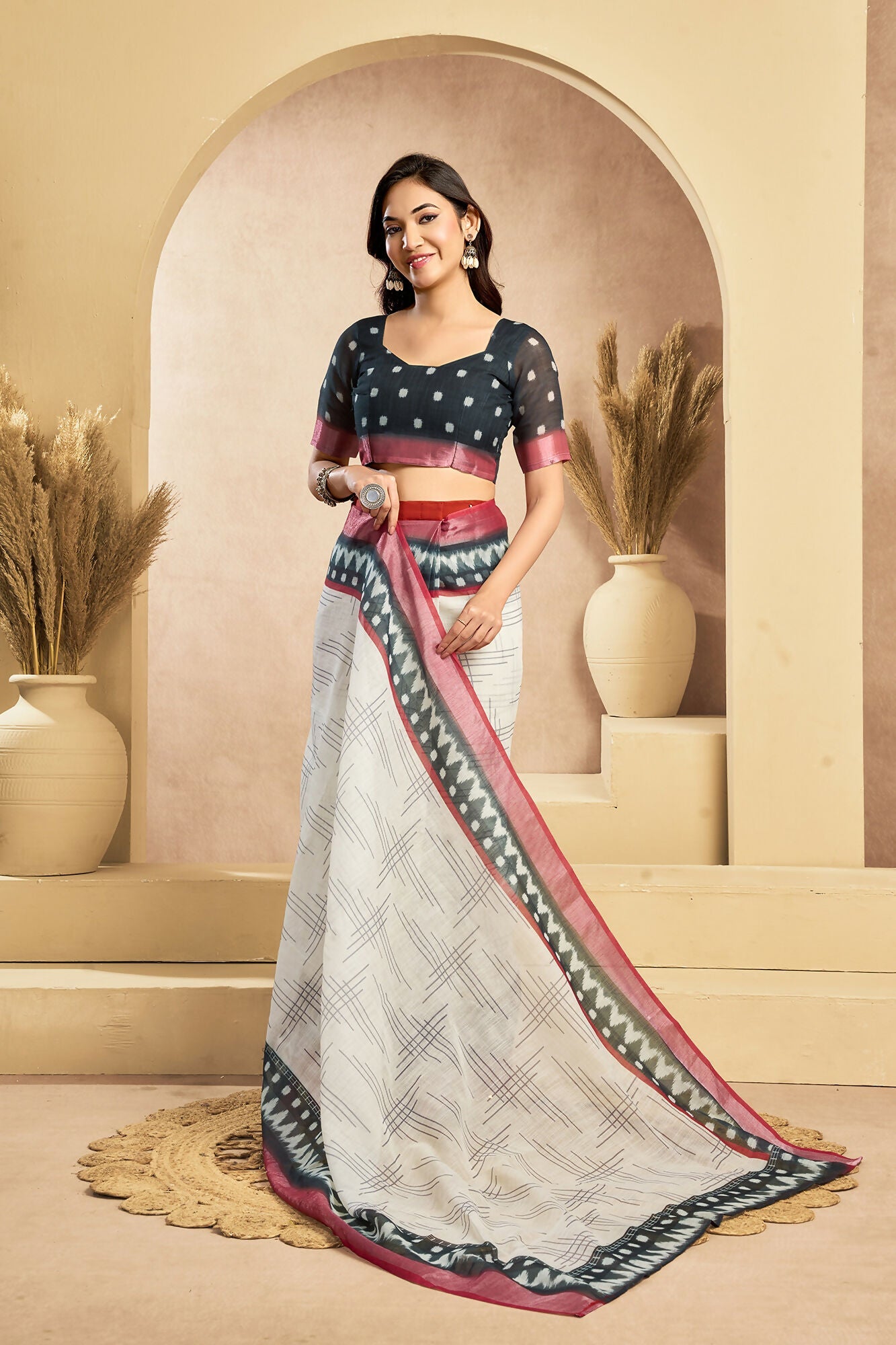 Vastranavya Digital Printed Linen Ready To Wear Pocket Saree with Unstitched Blouse