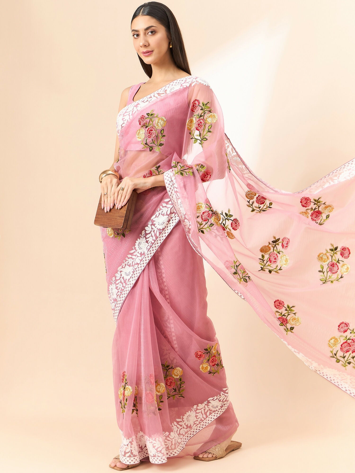 Pink Organza Floral Embroidered Saree with Unstitched Blouse Piece - Roozal