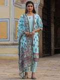 Juniper Women's Skyblue Cambric Floral Placement Printed Straight Fit Kurta Sets