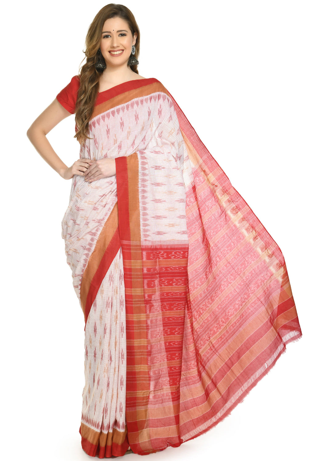 Vamika Sambalpuri Ikat Cotton Dehabandha Badafula White & Light Red Saree